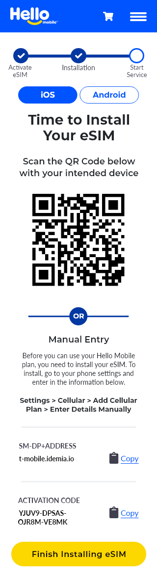 hello project screenshot esim mobile